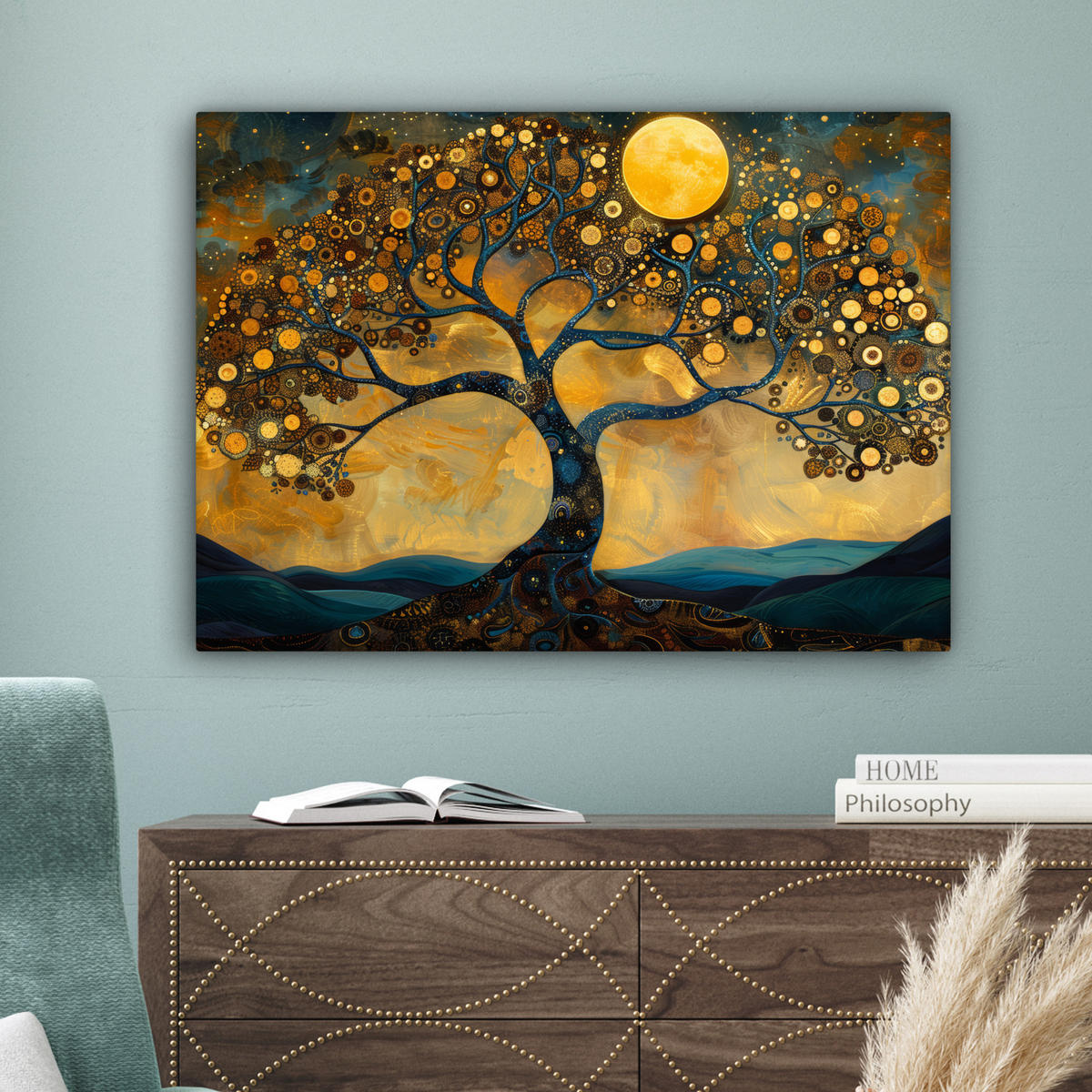 OBRAZ NA PLÁTNĚ Strom - Měsíc - Květiny - Zlato - Umění 80x60 cm - pomerančová, textil (80/60cm) - MuchoWow