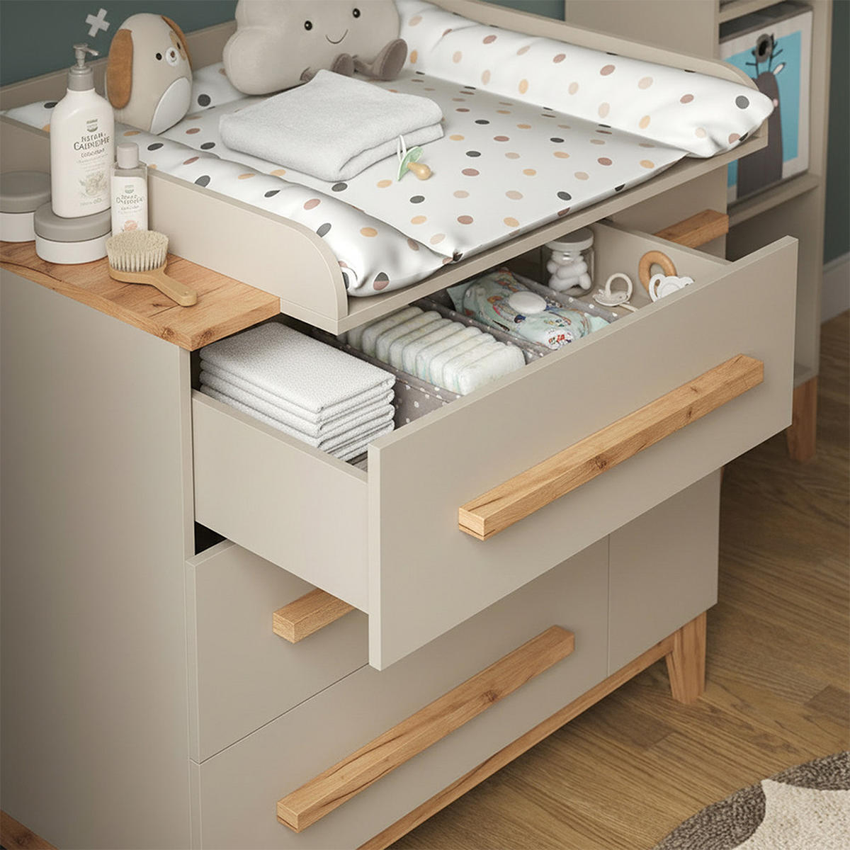 WICKELKOMMODE Malia Cashmere 98 x 98 cm mit 1 Tür & 3 Schubladen - Kaschmir/Hellgrau, Holzwerkstoff (98/98/52cm) - VitaliSpa