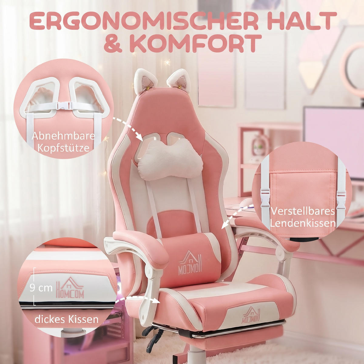 GAMING-SESSEL mit Katzenohren, neigbare Lehne, ausziehbare Fußstütze, bis 120 kg, Rosa/Weiß - Rosa, Leder (62/124/65cm)