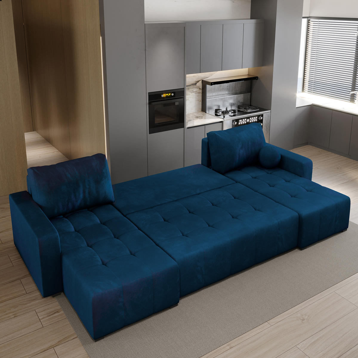 WOHNLANDSCHAFT TOLARI Blau Plüsch-Stoff mit Schlaffunktion - Blau, Holz (295/85/140cm) - MASSENO