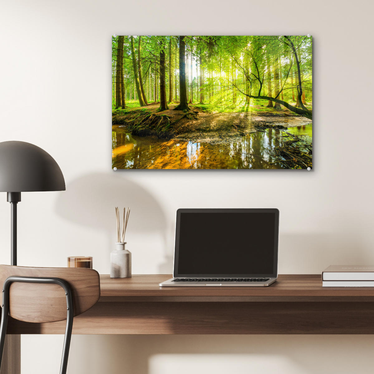 ACRYLGLASBILD Wald - Landschaft - Wasser - Bäume - Sonne - Grün - Natur 60x40 cm - Grün, Glas (60/40cm) - MuchoWow