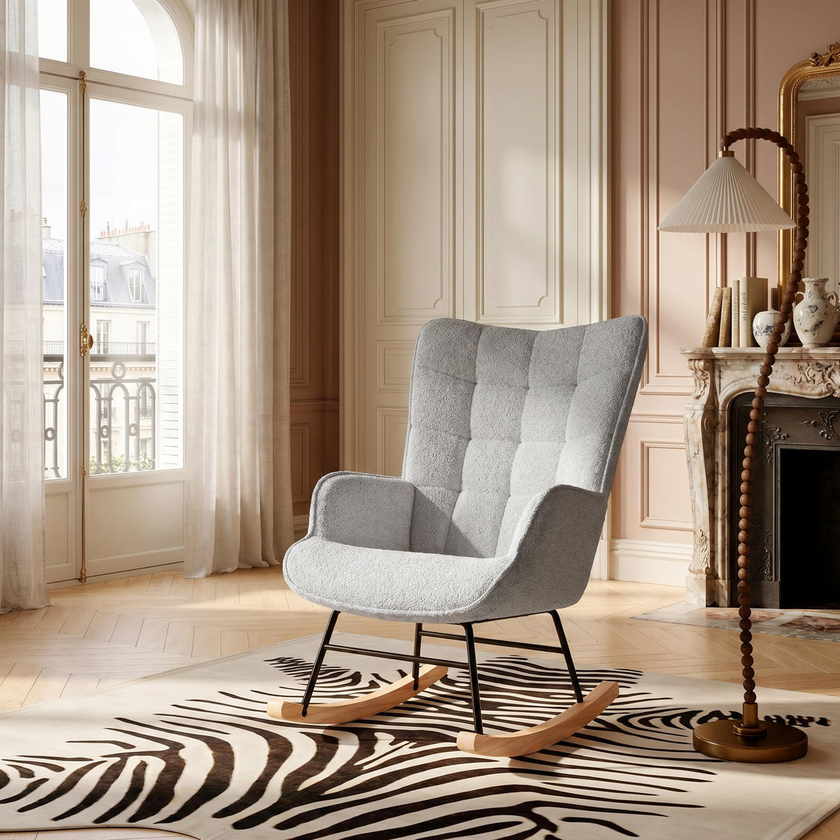 SCHAUKELSTUHL, Entspannend, Teddy-Velours, Belastbarkeit 120 kg, Grau - Grau/Kieferfarben, Holz/Textil (68/92/75cm) - GENKI LIVING