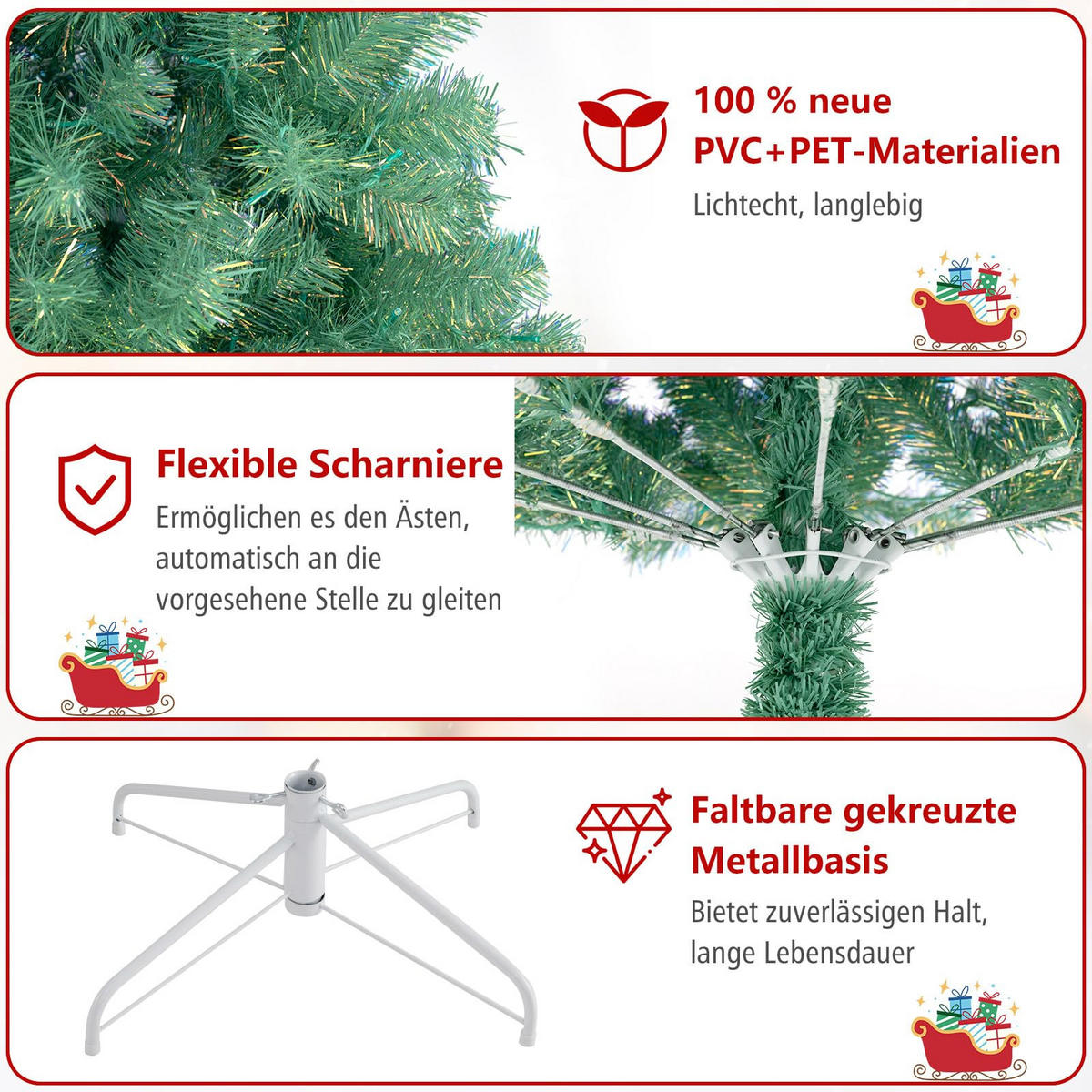 WEIHNACHTSBAUM Tannenform mit warmweißen LEDs 225 cm fruchtgrün - Grün, Metall (225cm) - COSTWAY