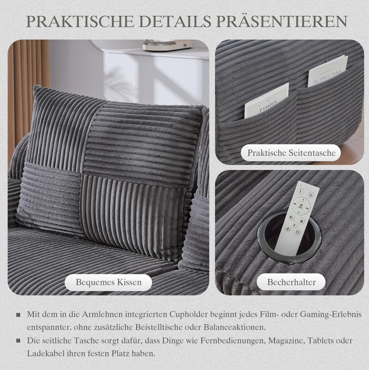 MODULARES 2-Sitzer Cordsofa mit Hocker Getränkehalter und Seitentasche 200/174/80 cm Dunkelgrau - Dunkelgrau, Textil (174/200cm) - Redom