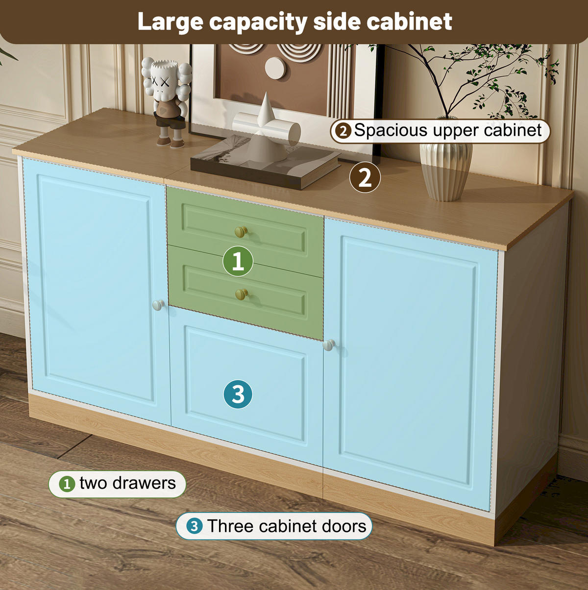 SIDEBOARD 135.5/39/76 cm Weiß und Holzfarbe aus Holzwerkstoff mit 3 Türen und 2 Schubladen - Weiß, Holzwerkstoff (39/76/135.5cm) - OKMYHOME