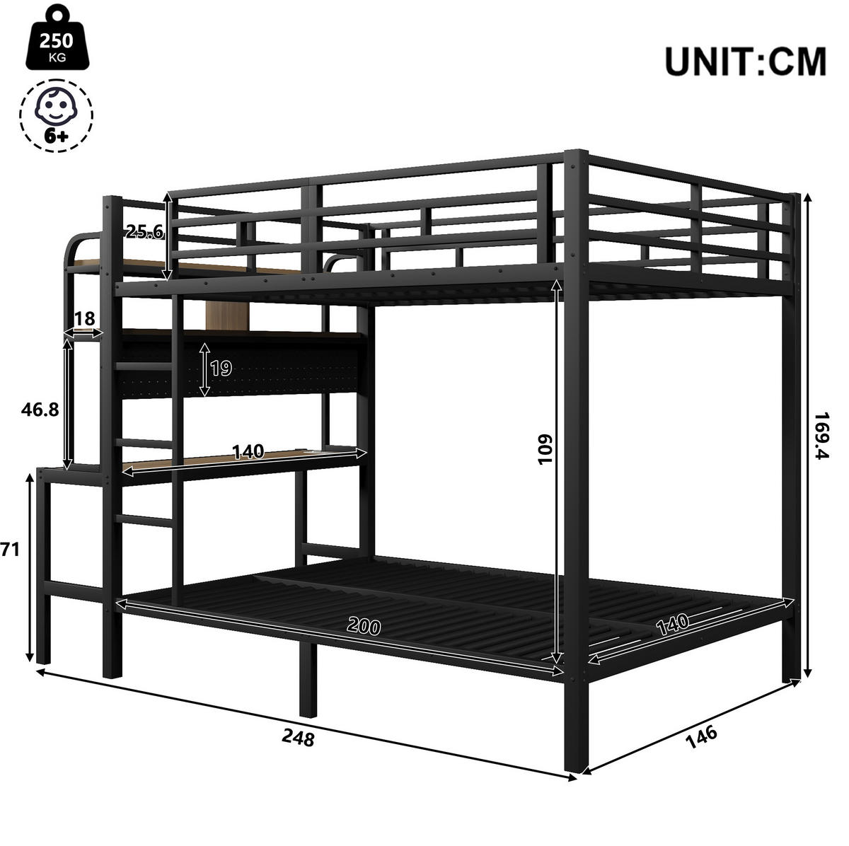 ETAGENBETT 140/200 cm in Schwarz mit Schreibtisch, Ablagen und LED-Beleuchtung - Schwarz, Metall (140/200cm) - OKMYHOME