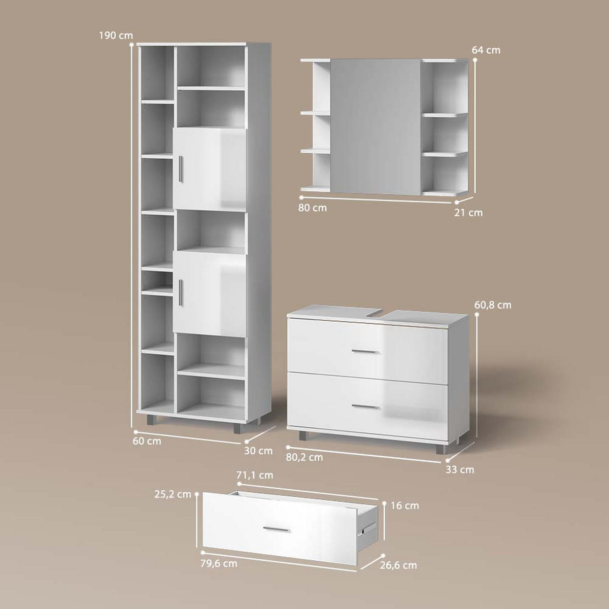 BADMÖBEL-SET Eisak Weiß Hochglanz 3 Teile, mit Hochschrank - Weiß Hochglanz/Weiß, Holzwerkstoff (80/60/33cm) - Livinity®