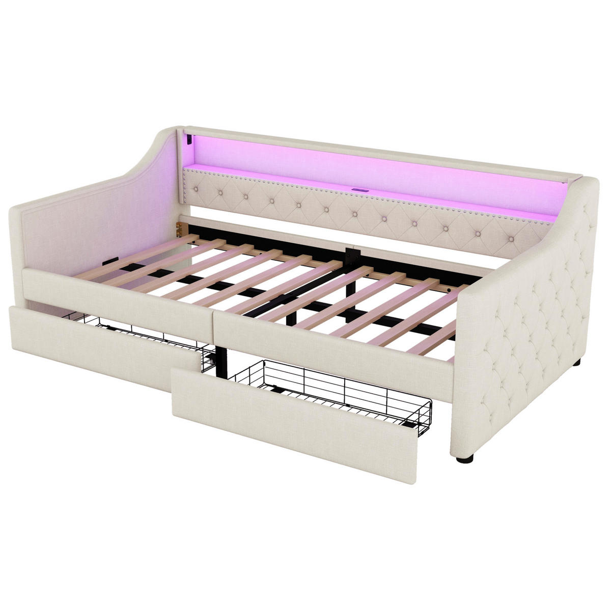 POLSTERBETT 90/200 cm Beige mit LED-Beleuchtung, USB-Anschluss und 2 Schubladen - Beige, Textil (90/200cm) - Flora Grace