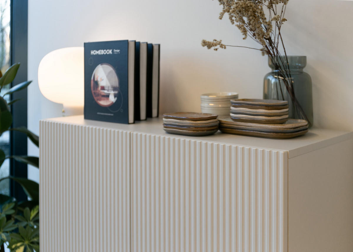 HIGHBOARD Veldio Graubeige mit goldenem Metallgestell 90 cm - Greige/Goldfarben, Holzwerkstoff/Metall (90/125/38cm) - Selsey