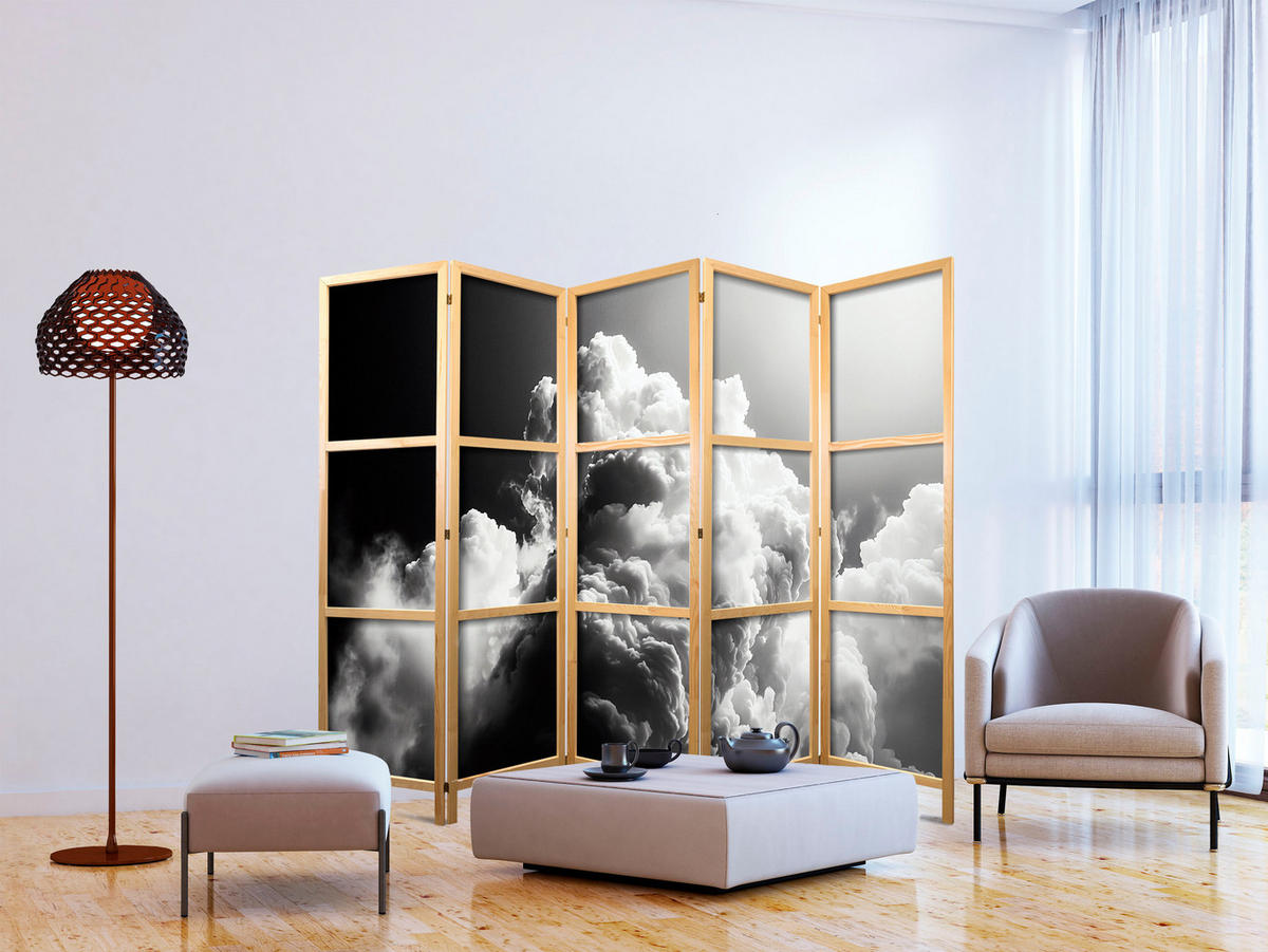 PARAVENT Japanischer 5-tlg 225x172 cm Schwarz-Wei e Wolken - Schwarz, Holz/Textil (225/172/3cm) - Muralo
