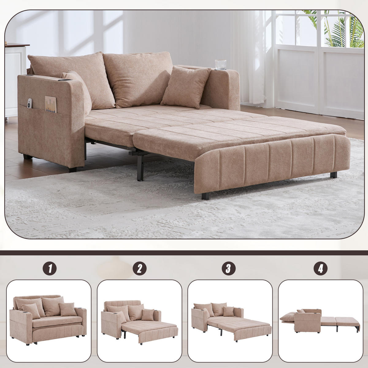 SCHLAFSOFA 139/83/58 cm mit Schlaffunktion, USB-Anschluss, Getränkehaltern und Armlehnentaschen, Chenille, Khaki - Beige, Textil (139/83/73cm) - Redom