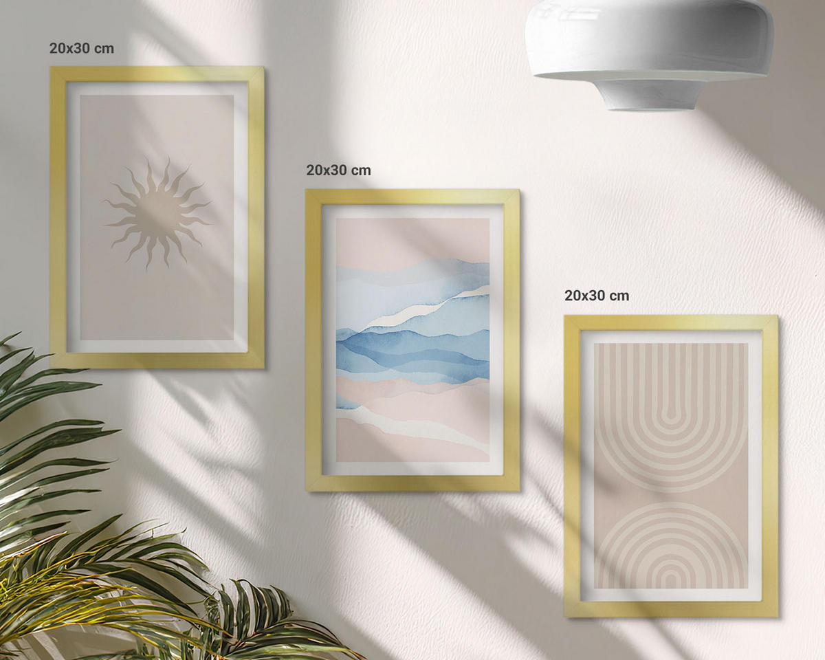 WANDBILDER 3er Set - 20x30 cm Goldrahmen - Sonnenwellen abstrakte Linien Pastell - Goldfarben, Kunststoff (20/30cm) - ArtPrintCave