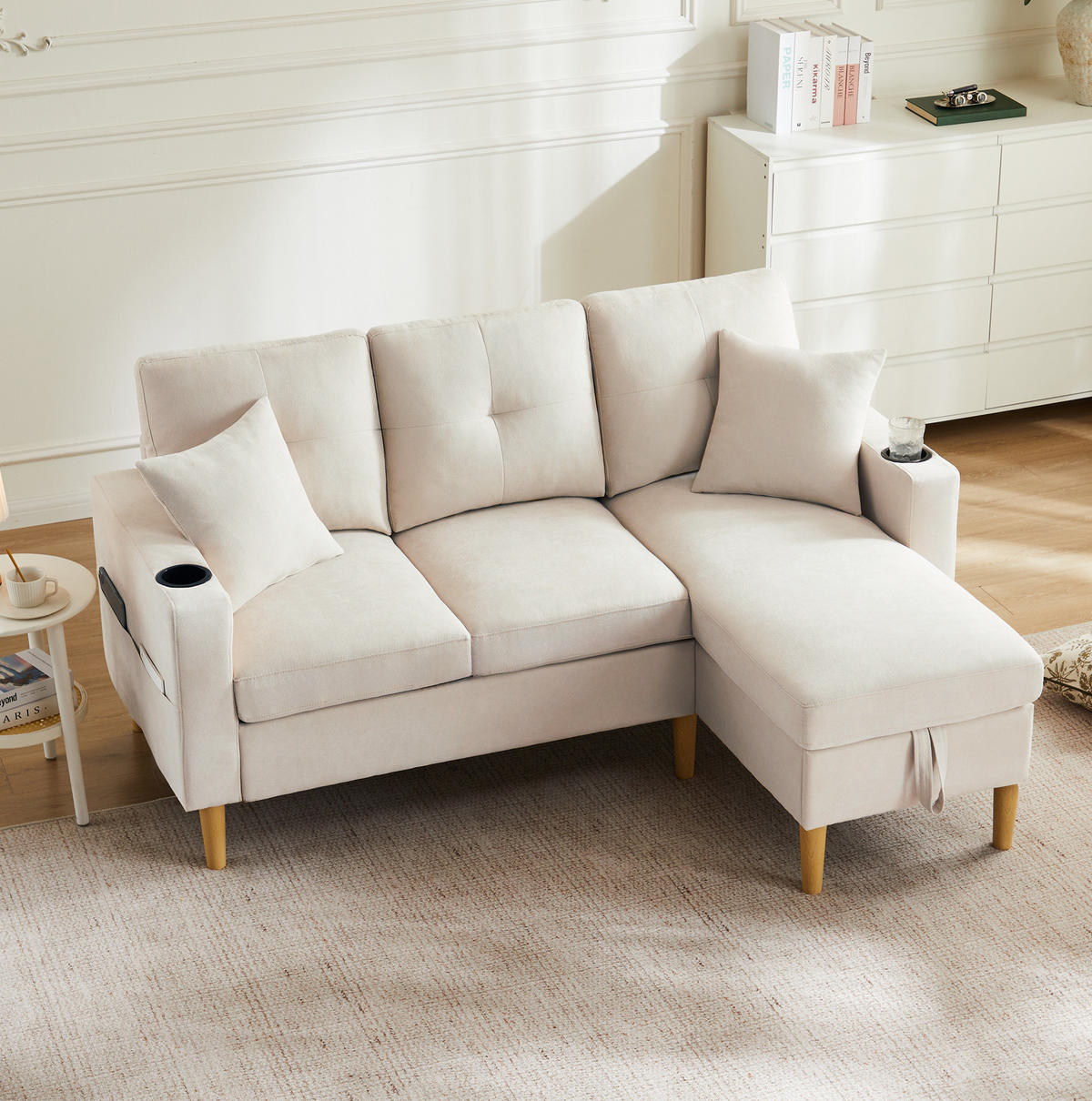 SOFA mit Chaiselongue und Stauraum 175 x 129 cm Baumwoll-Leinen Beige - Beige, Textil (175/129cm) - IVMEU