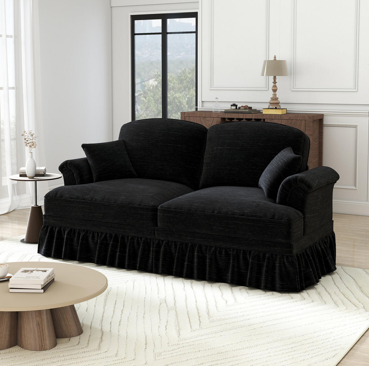 2-SITZER aus Chenille in Schwarz mit abnehmbarem Rüschenrock - Schwarz, Textil (83.5/93/194cm) - Modfu