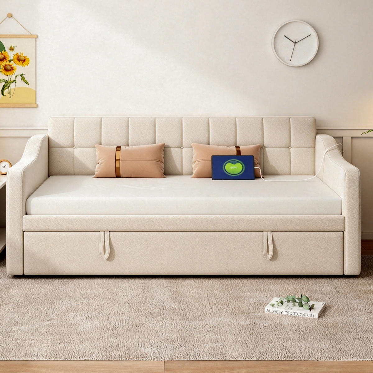 POLSTERBETT Schlafsofa aus Samt 90x190 cm Beige ausziehbar mit USB-Anschlüssen - Beige, Textil (90/190cm) - Modfu