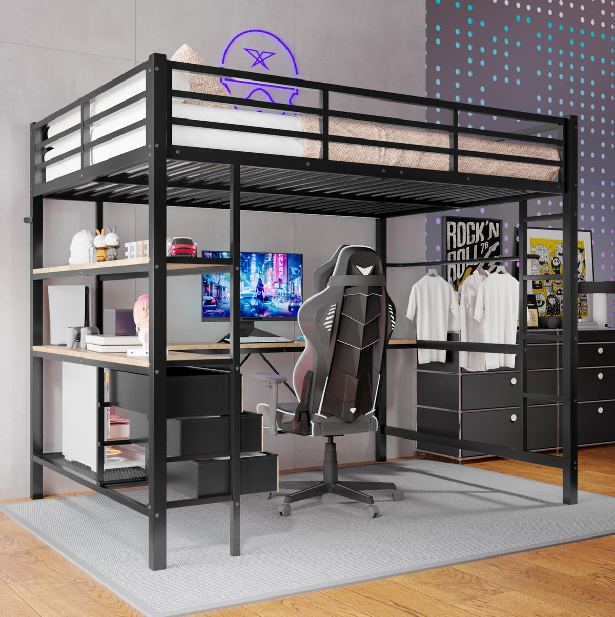 HOCHBETT 140/200 cm aus Metall mit LED-Beleuchtung, Schreibtisch und Stauraum - Schwarz, Metall (140/200cm) - Flora Grace