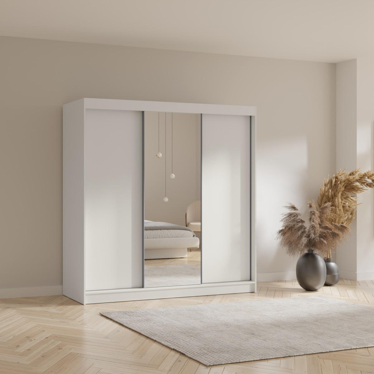 SCHWEBETÜRENSCHRANK mit Spiegel Fiore 3D1L 200 Weiß/Silber - Silberfarben/Weiß, Holzwerkstoff/Metall (200/200/60cm) - mzm24