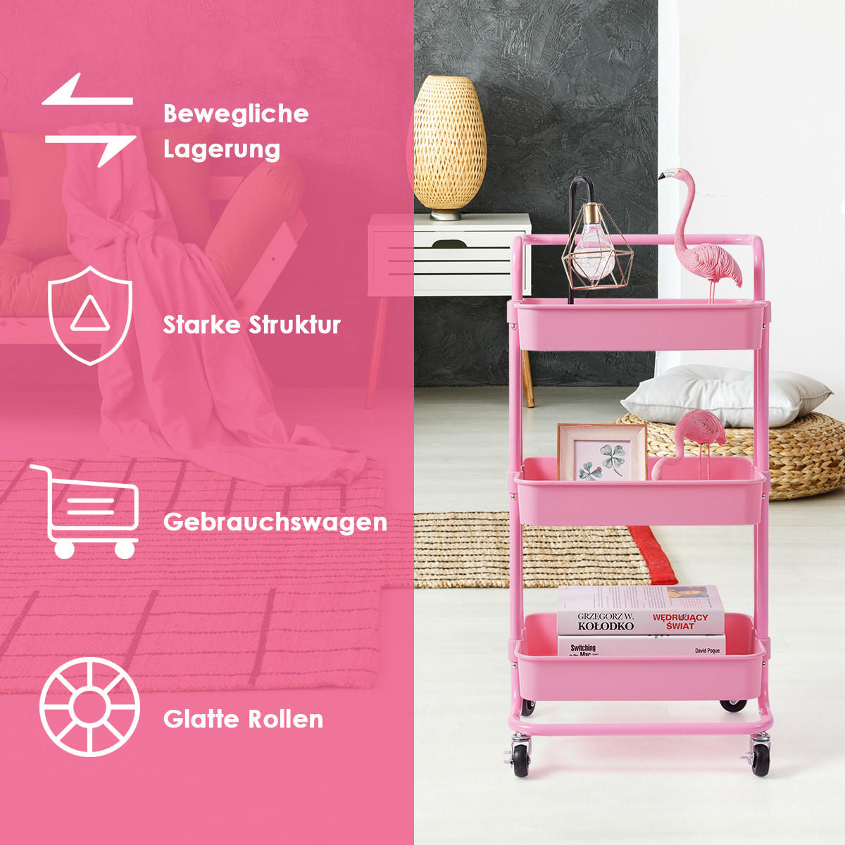 STORAGE TROLLEY Pink - Pink, Metall (42/87/35cm) - COSTWAY