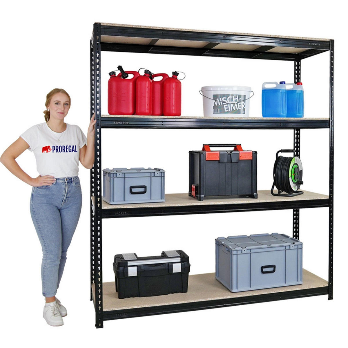 SCHWERLASTREGAL Bison 200x180x60 cm 4 Spanplatten-Ebenen 16mm Fachlast 600 kg Schwarz - Schwarz, Metall (180/200/60cm) - PROREGAL