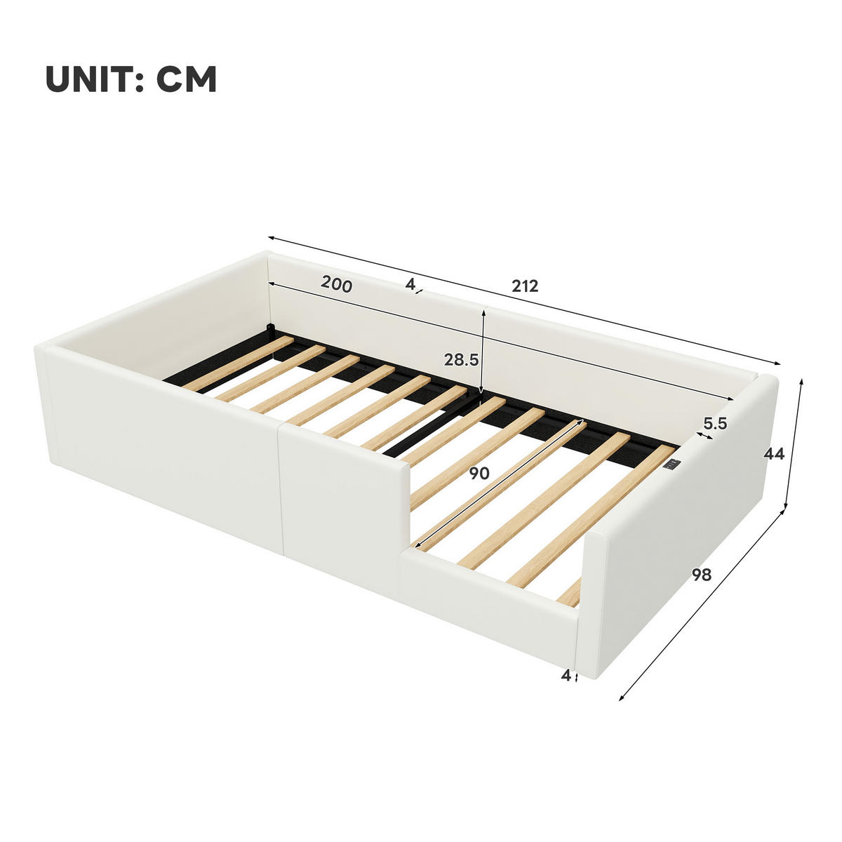 POLSTERBETT 90x200 cm Schutzgeländer weiß - Weiß, Holzwerkstoff (90/200cm) - LEBENLANG
