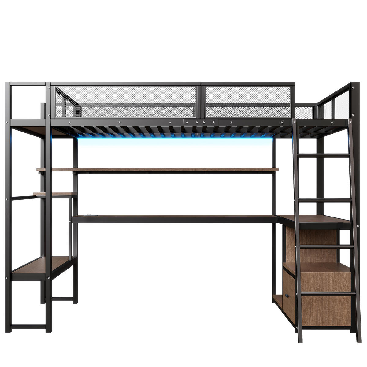 HOCHBETT 140/200 cm DE-03435, mit LED-Beleuchtung und Stauraum, in Schwarz - Schwarz, Holzwerkstoff/Metall (140/200cm) - ComfortXL