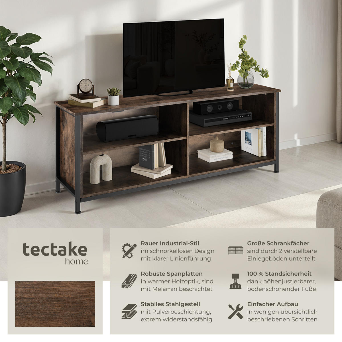 TV-ELEMENT Navan,147 x 41 x 60,5 cm,Industrial Holz dunkel, rustikal - Rostfarben, Holzwerkstoff (41/60.5/147cm) - tectake