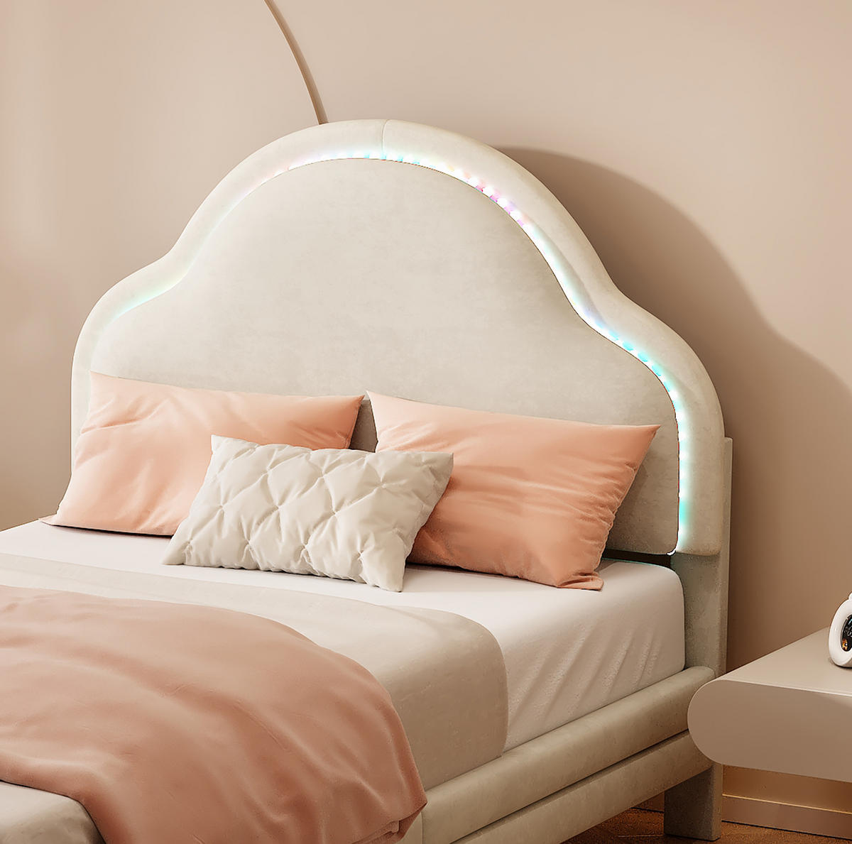 KINDERBETT 90/200 cm mit LED-Lichtleiste und wolkenförmigem Kopfteil, Samt, Beige - Beige, Textil (90/200cm) - Redom