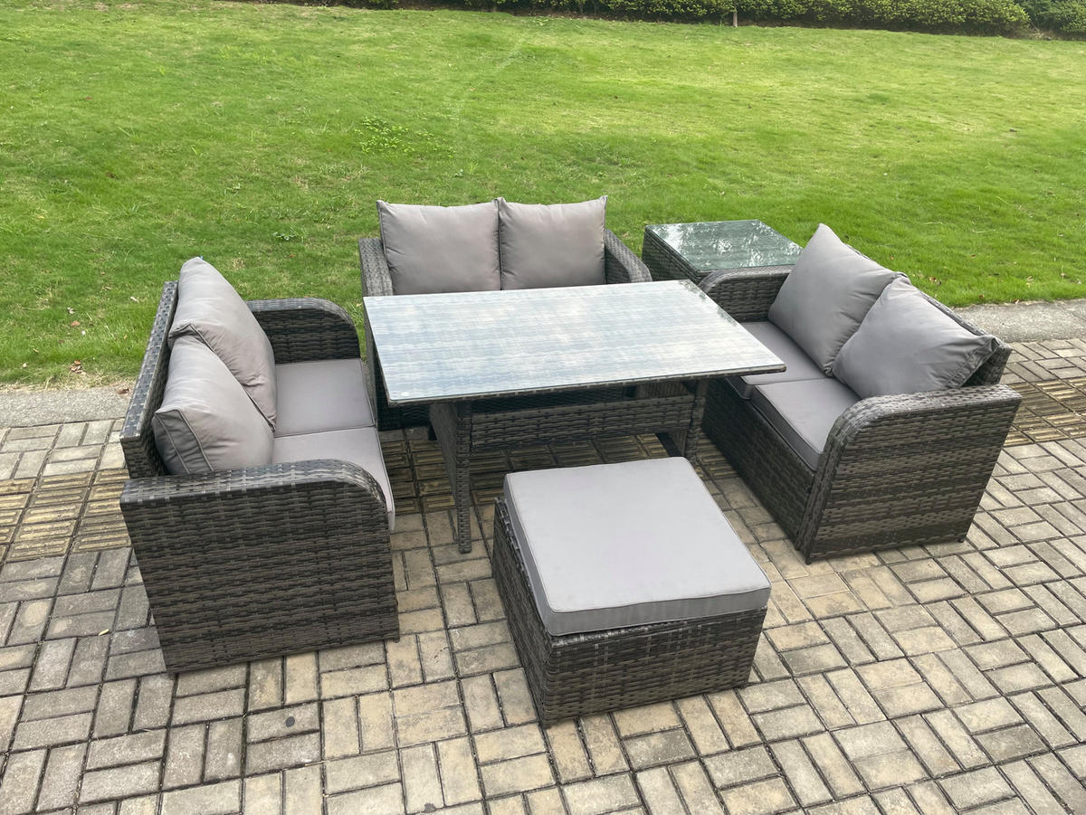 SITZGRUPPE mit Esstisch,Zweisitzer,Hocker Polyrattan 7-Sitzer - Dunkelgrau/Grau, Glas/Kunststoff - Fimous