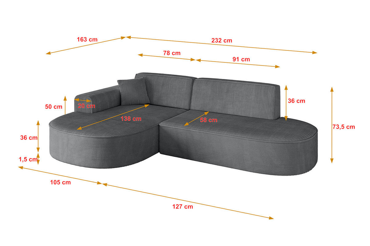 ECKSOFA Ottomane Links MARI-L1 - 232x163x73,5 cm Dunkelgrau Cord - Dunkelgrau/Schwarz, Holzwerkstoff/Kunststoff (163/234cm) - ALTDECOR