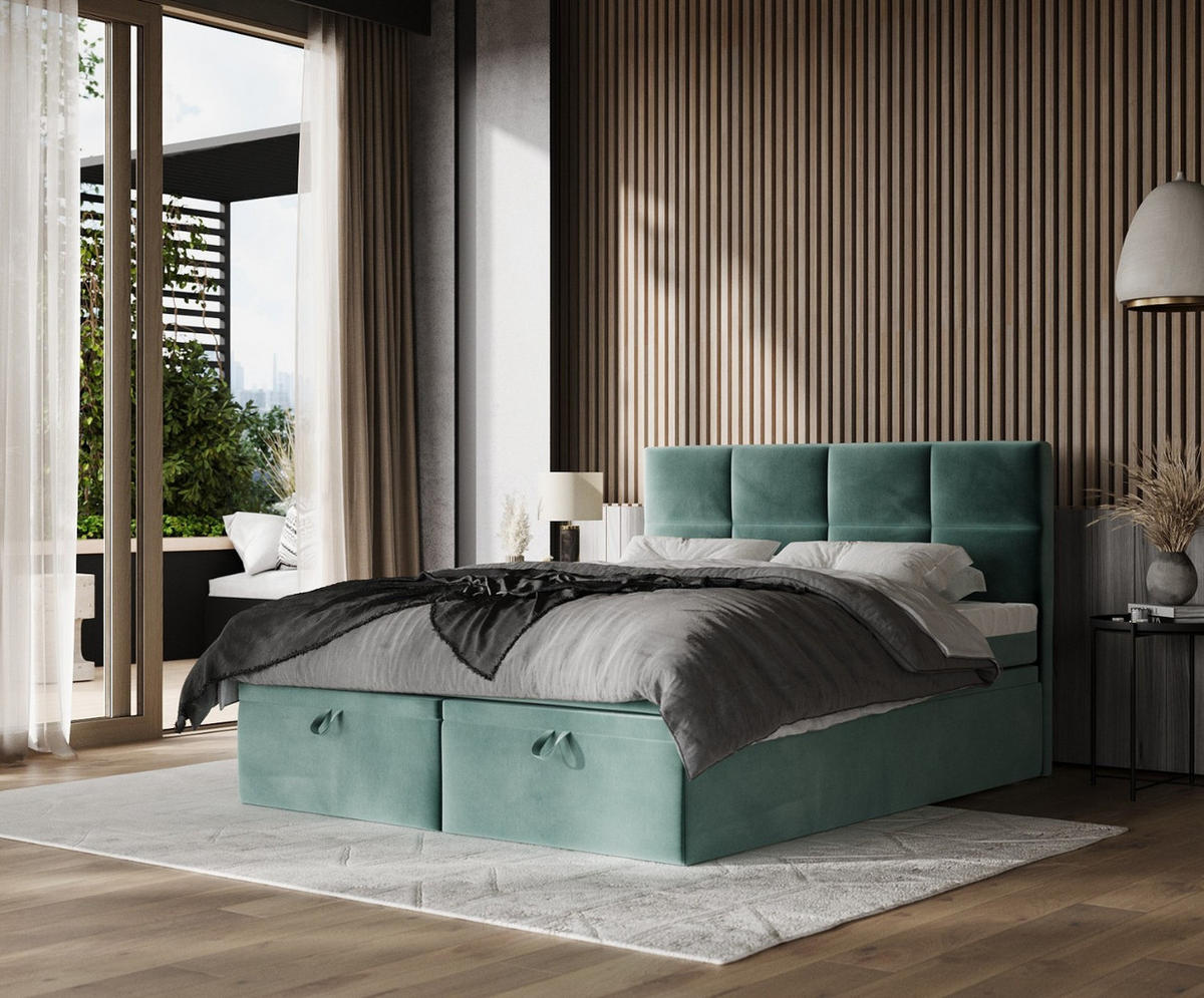 BOXBETT Tessa 140/200 cm Türkis im Kronos Stoff - Türkis/Schwarz, Holz/Holzwerkstoff (140/200cm) - AltaBeds