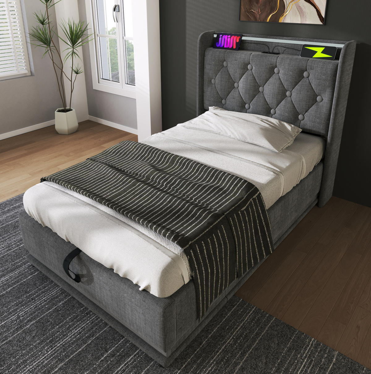 BETT mit Stauraum, LED und Matratze 90x200 cm Leinen Grau - Grau, Metall (90/200cm) - Meubliv