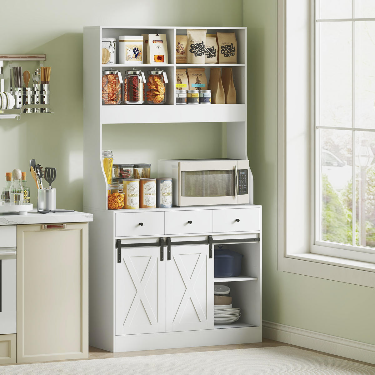 KÜCHENSCHRANK, Hochschrank mit Arbeitsplatte, Buffetschrank mit Schiebtüren - Weiß, Holzwerkstoff (40/180/93.5cm) - HOMCOM