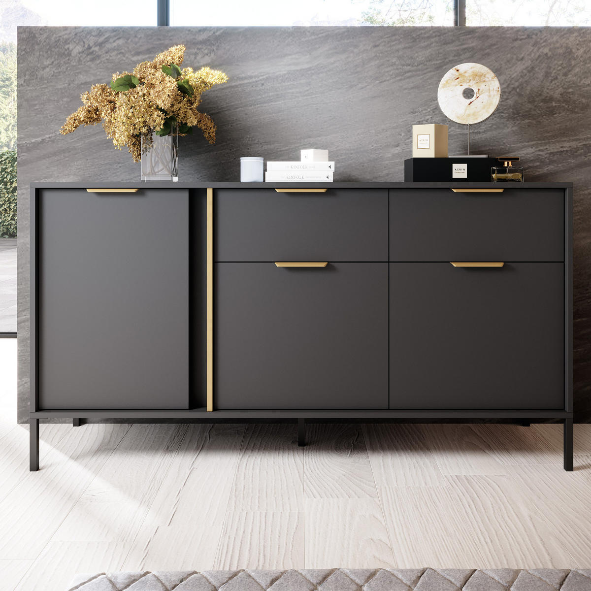 SIDEBOARD Valdi B 153 cm Anthrazit / Gold - mit 3 Türen und 2 Schubladen - Anthrazit/Gelb, Holz/Holzwerkstoff (153/81/39cm) - Ravio
