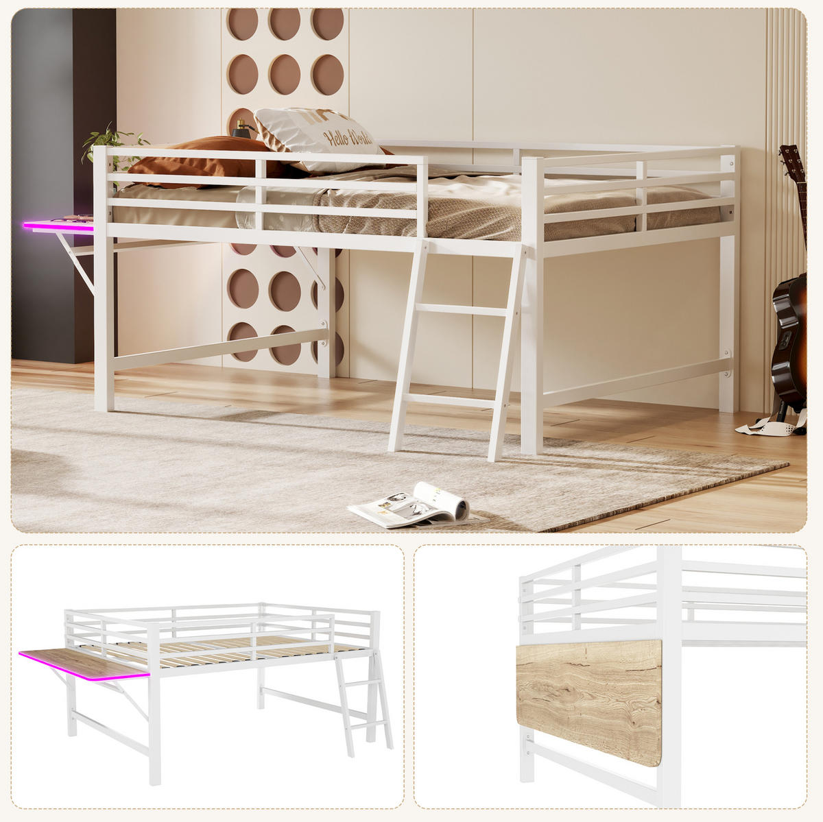 HOCHBETT 140/200 cm aus Metall mit Schreibtisch und LED-Beleuchtung in Weiß - Weiß, Metall (140/200cm) - Flora Grace