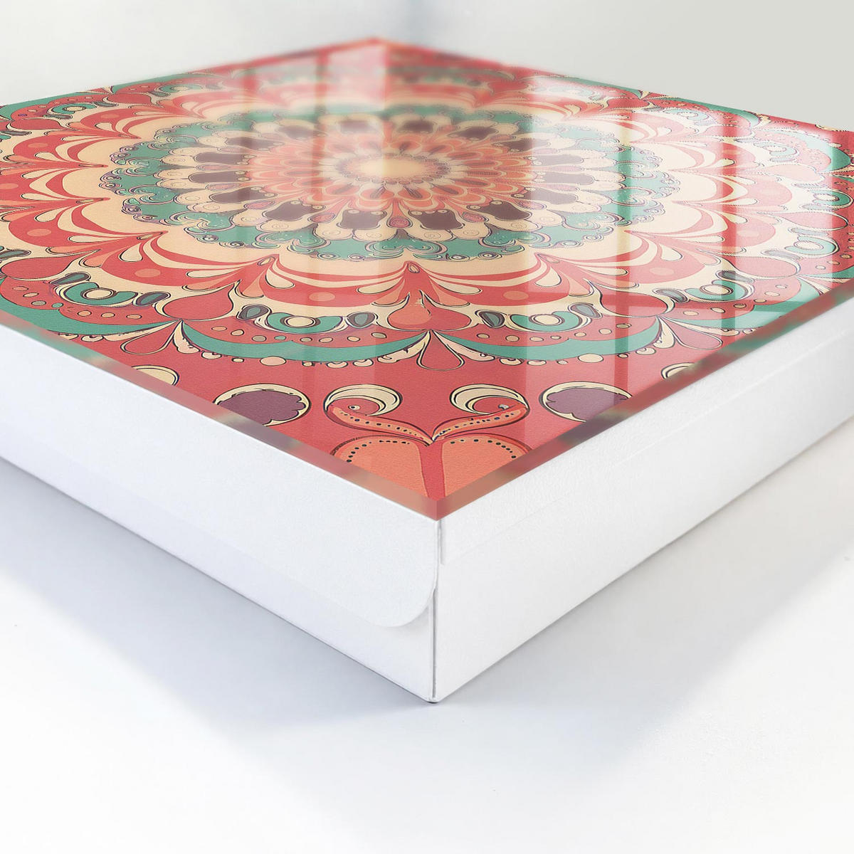 SCHLÜSSELBOX Weiß 30x30 cm – Türöffnung nach rechts - Buntes Mandala - Orange, Metall (30/30/5cm) - TULUP