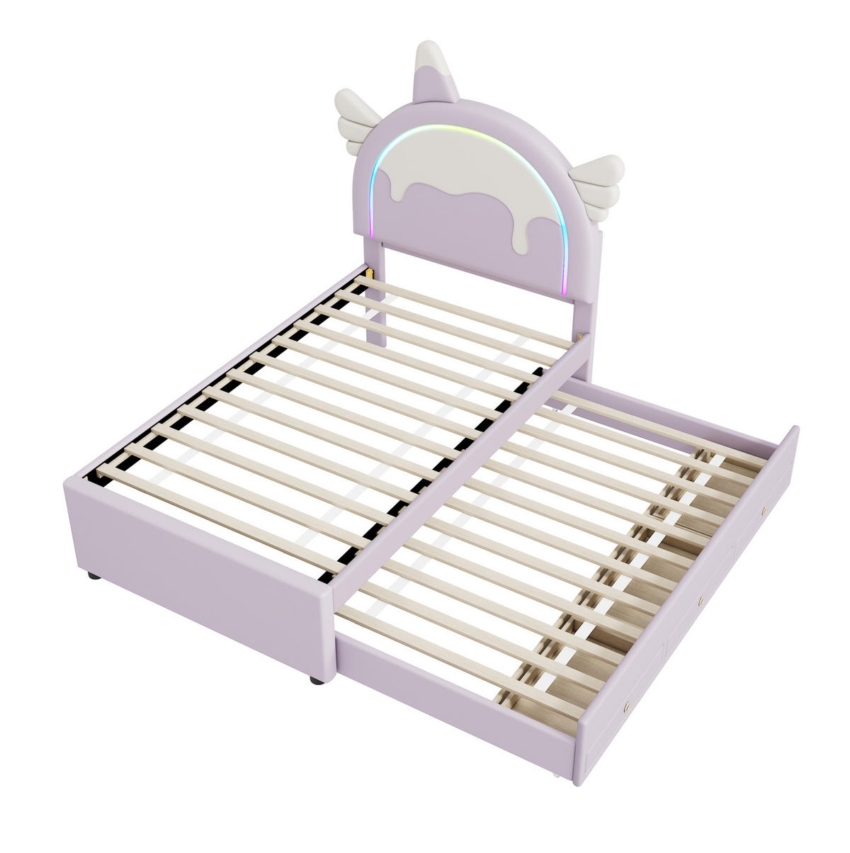 KINDERBETT 90/200 cm mit ausziehbarem Rollbett und Schubladen, Einhorn-Design aus PU, Violett - Violett, Kunststoff (90/200cm) - Redom