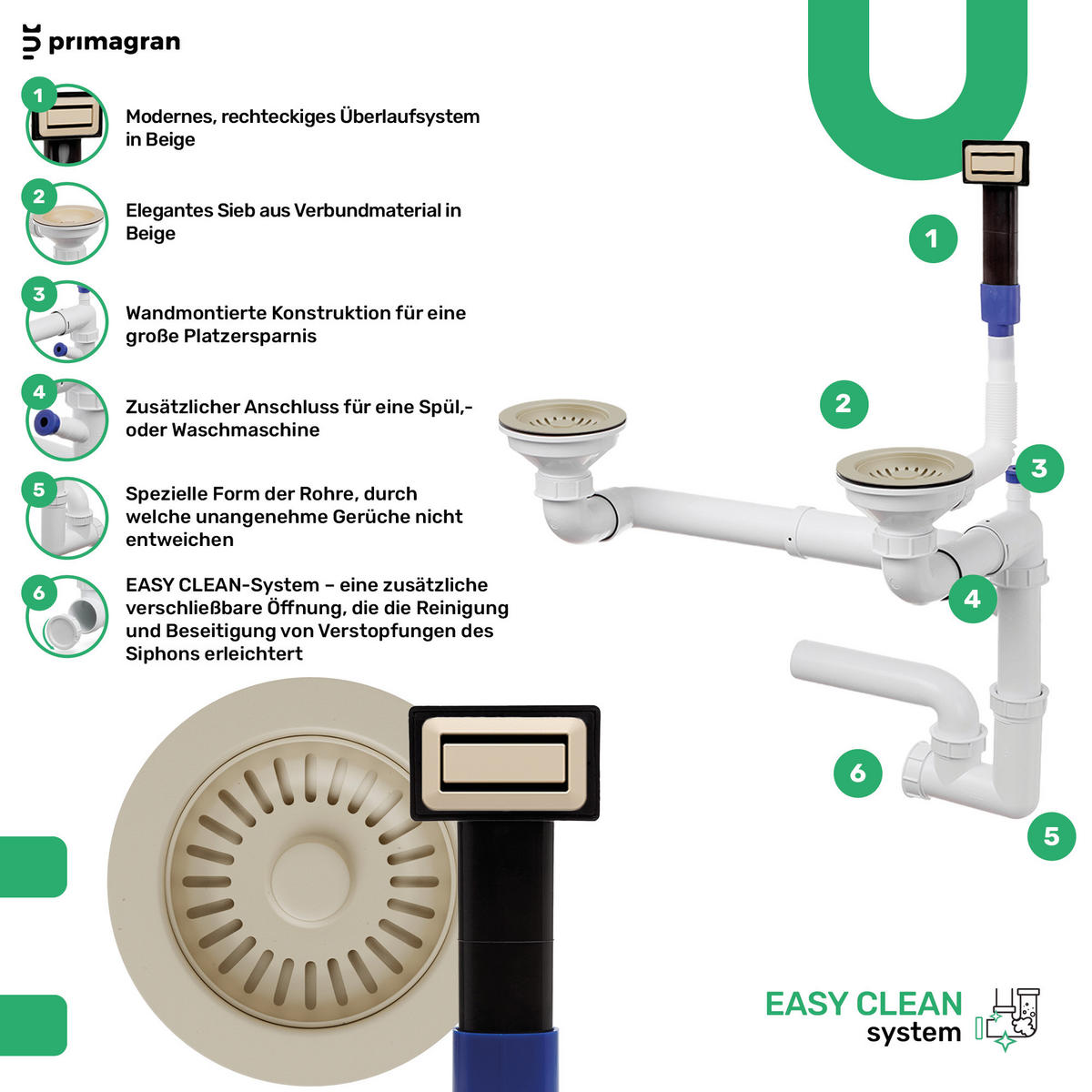 GRANITSPÜLE London Slim Duo, 2-er set Beige 56/47 cm 1,5 Becken + Küchenarmatur 40/20 cm + Ablauf-Set ab 60er Unterschrank - Beige, Kunststoff (56/20/47cm) - Primagran