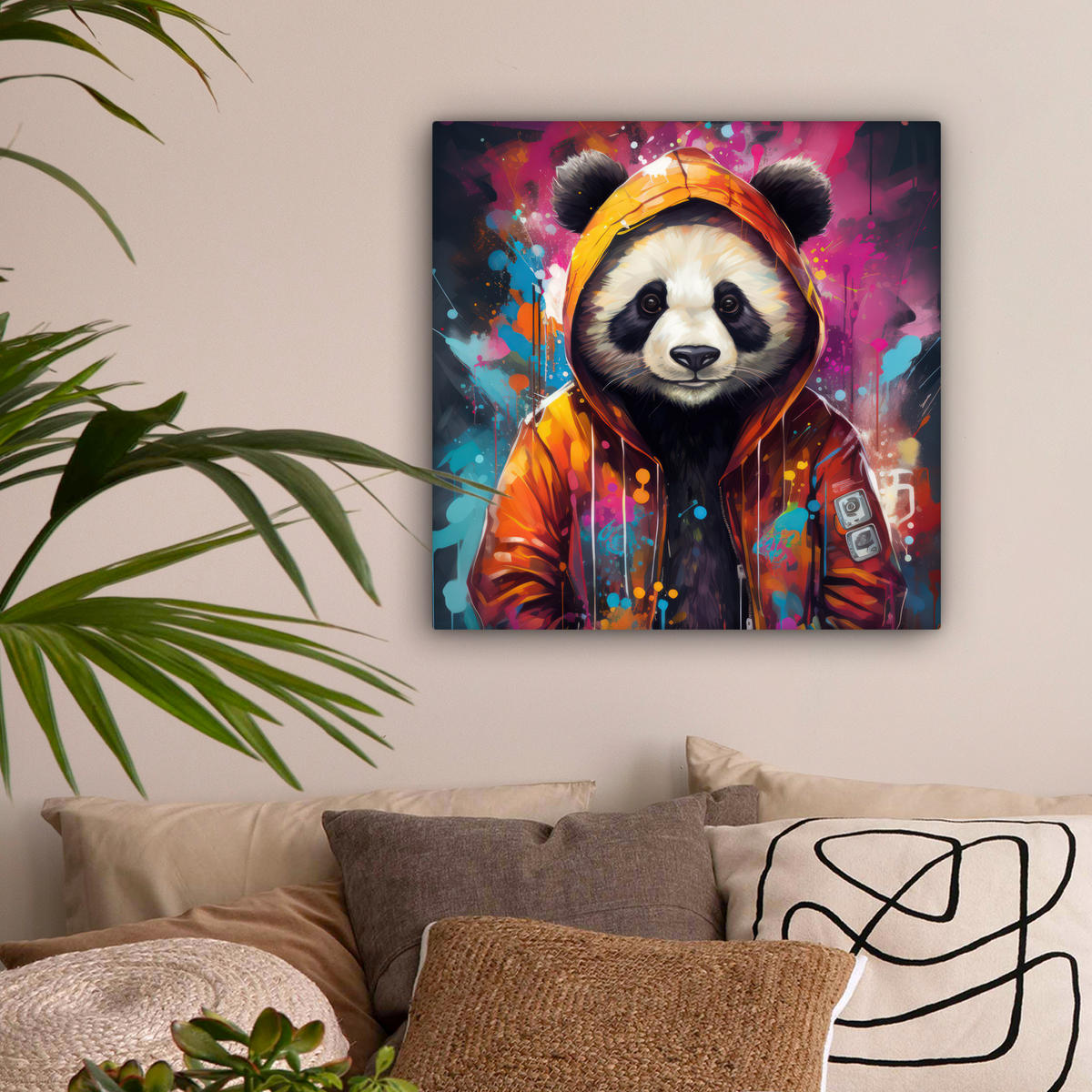 LEINWANDBILD Panda - Jacke - Graffiti - Orange Wandbild Wohnzimmer 50x50 cm - Orange, Textil (50/50cm) - MuchoWow