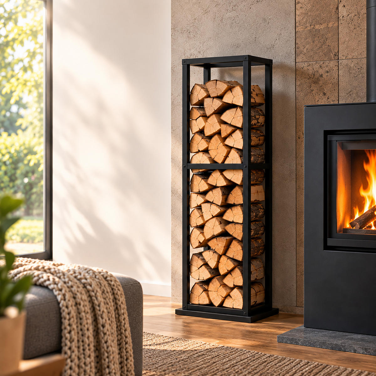 KAMINHOLZREGAL Schwarz Stahl 120 cm - Schwarz, Metall (35/120/35cm) - Relaxdays