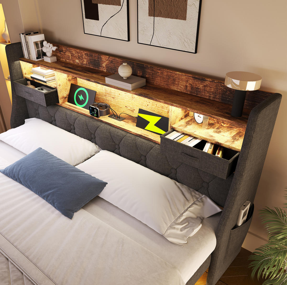 POLSTERBETT 160/200 cm Grau aus Leinen mit LED und Ladestation - Grau, Textil (160/200cm) - OKMYHOME