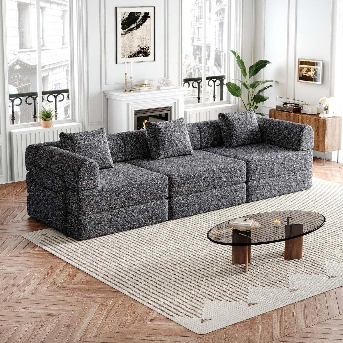 SCHLAFSOFA 2-in-1 in Grau – klappbar mit Armlehnen-Staufach aus Chenille - Grau, Textil (274/69.8/183.8cm) - BEAOK