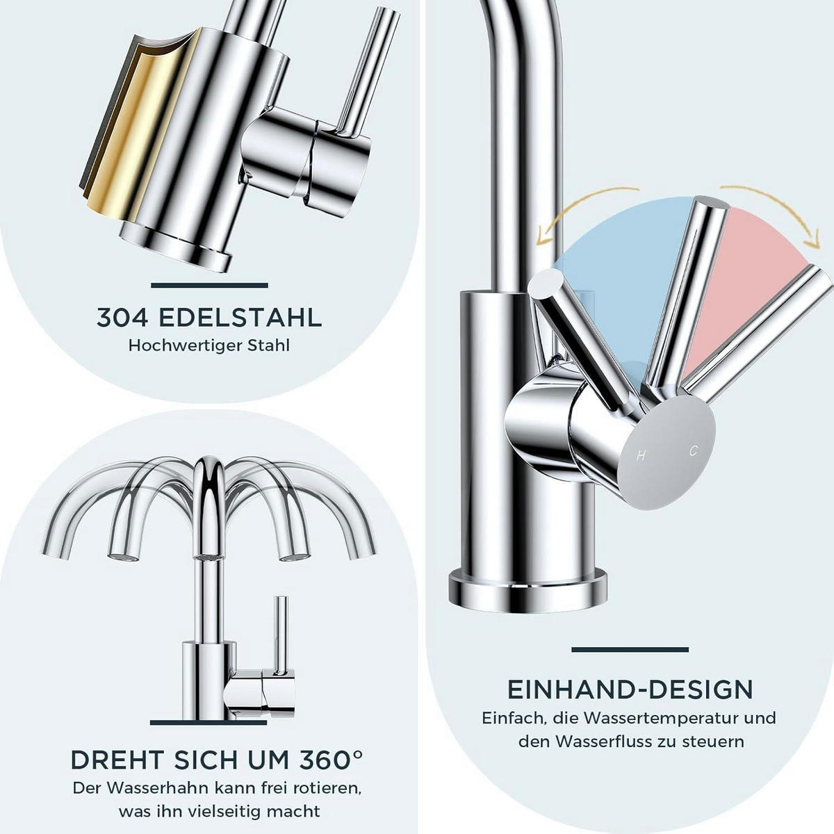 WASCHTISCHARMATUR Hoch 360° drehbar polierter Chrom - Silberfarben, Metall (6.9/12.7/25cm)