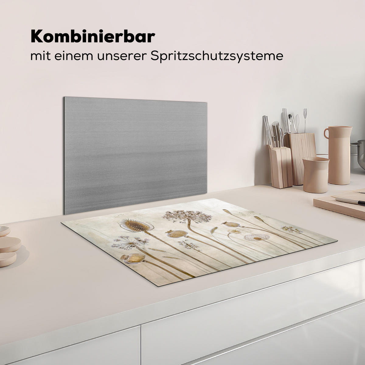 KRYT NA INDUKČNÍ DESKU Květiny - Akvarel - Zátiší - Hnědá - Vintage 65x52 cm - písková barva, plast (65/52/0.2cm) - MuchoWow