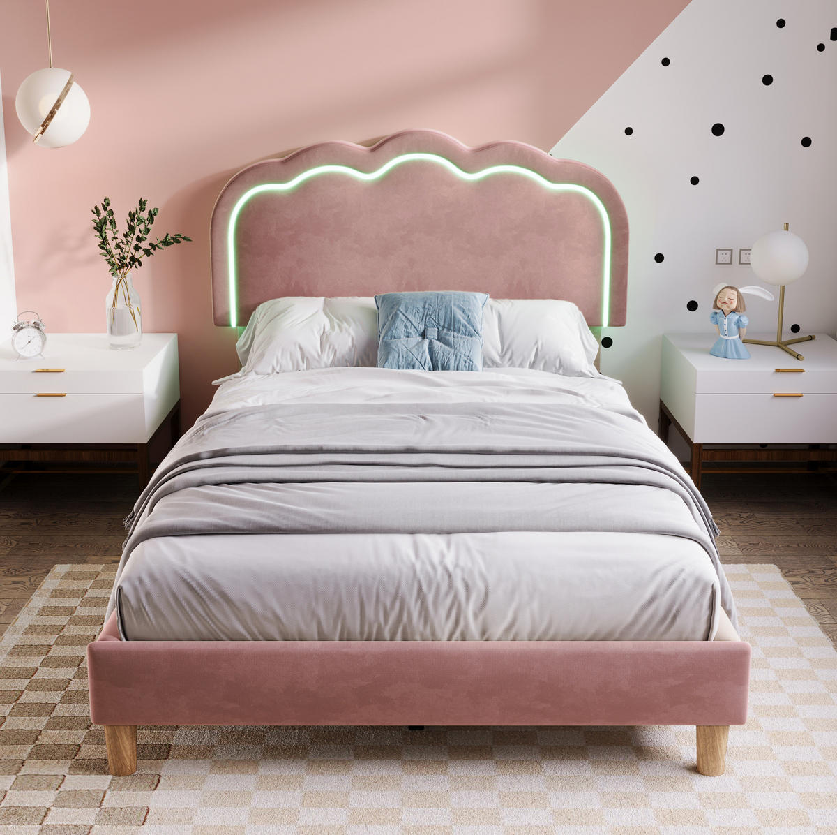 POLSTERBETT aus Samt 90x190 cm in Rosa mit LED-Beleuchtung - Rosa, Textil (90/200cm) - Modfu