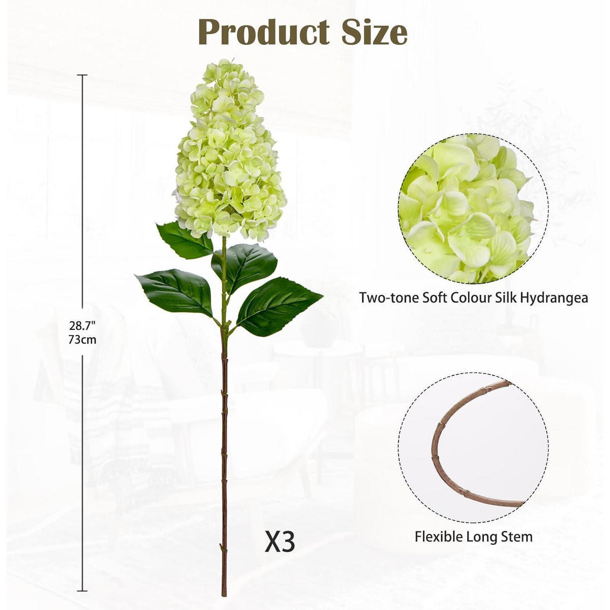 KUNSTBLUME 3er Set Hortensie 73CM - Grün, Kunststoff (73cm)