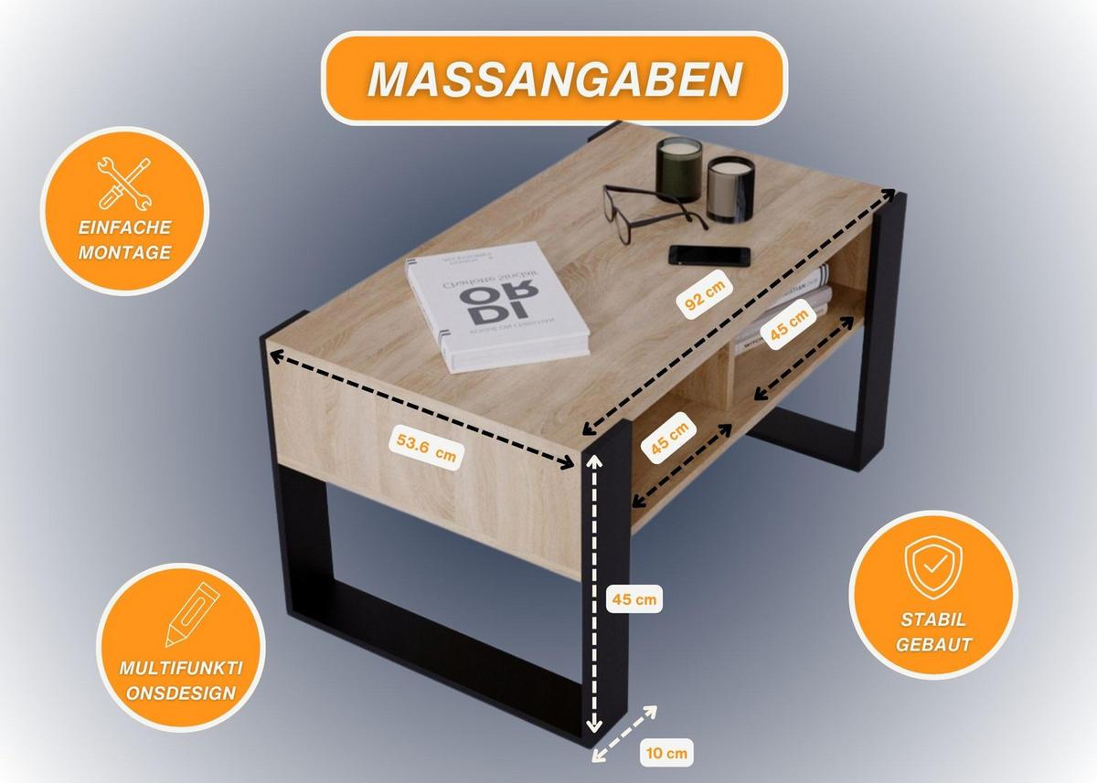 COUCHTISCH Kora92 92/45/53,6 - Schwarz/Sonoma Eiche, Holzwerkstoff (54/92/45cm) - RAUMHIRSCH FURNITURE