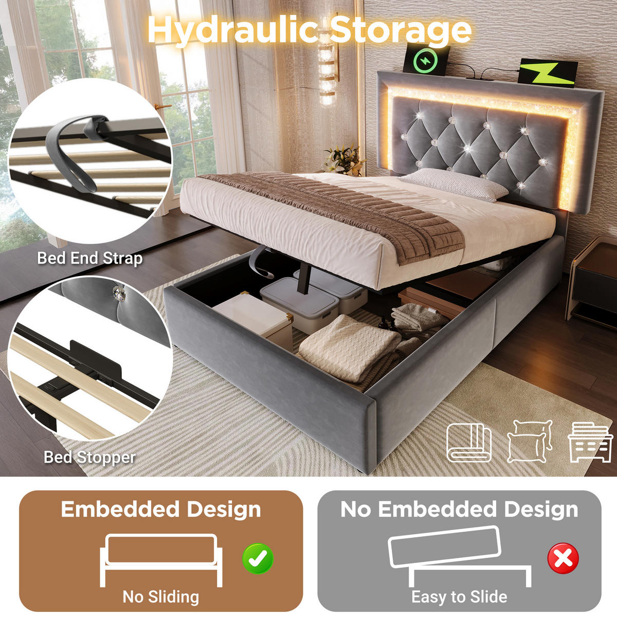 POLSTERBETT 90/200 cm Grau aus Samt mit LED und Stauraum - Grau, Textil (90/200cm) - OKMYHOME