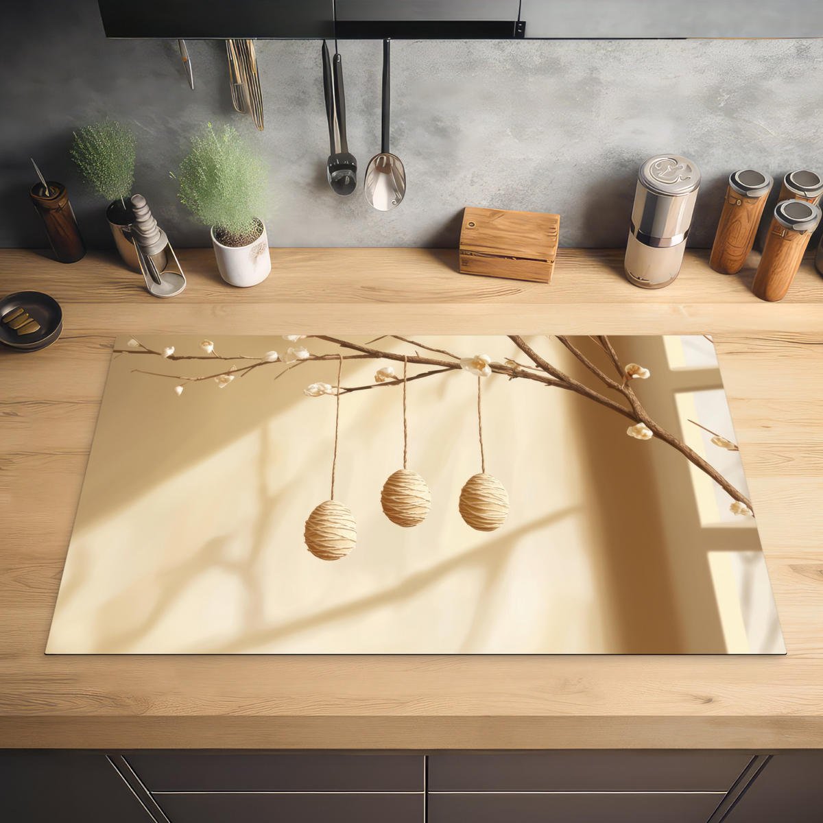 HERDABDECKPLATTE Beige - Osterkuchen - Eier Induktionsmatte 83x51 cm - Beige, Kunststoff (83/51.5/0.2cm) - MuchoWow