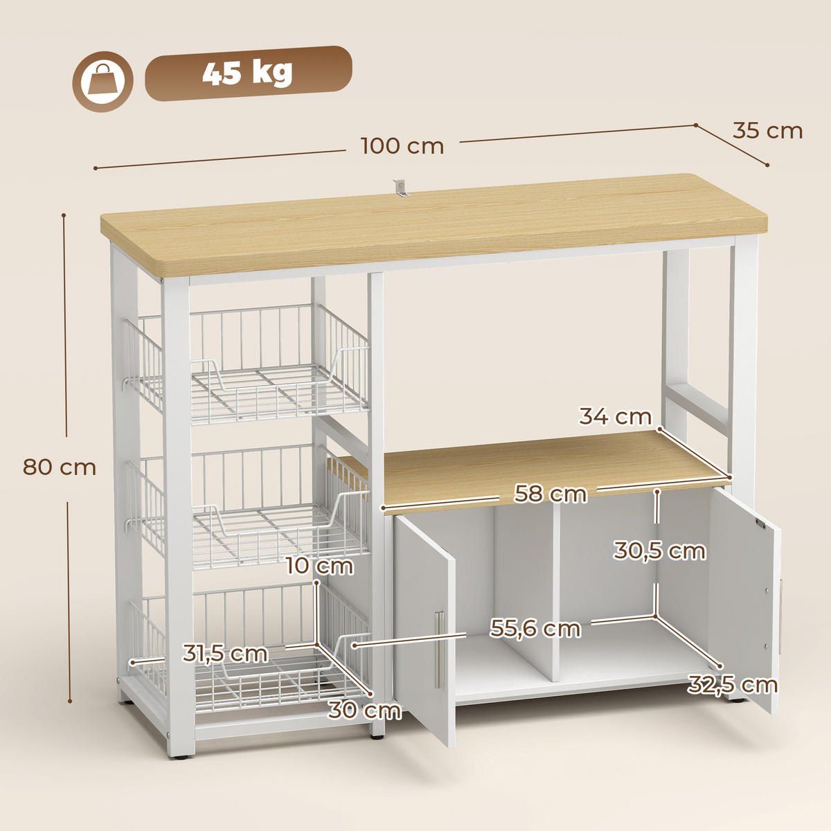 KUCHYŇSKÁ police, dřevotříska, uhlíková ocel, dub, bílá - bílá, kompozitní dřevo/plast (35/80/100cm) - HOMCOM