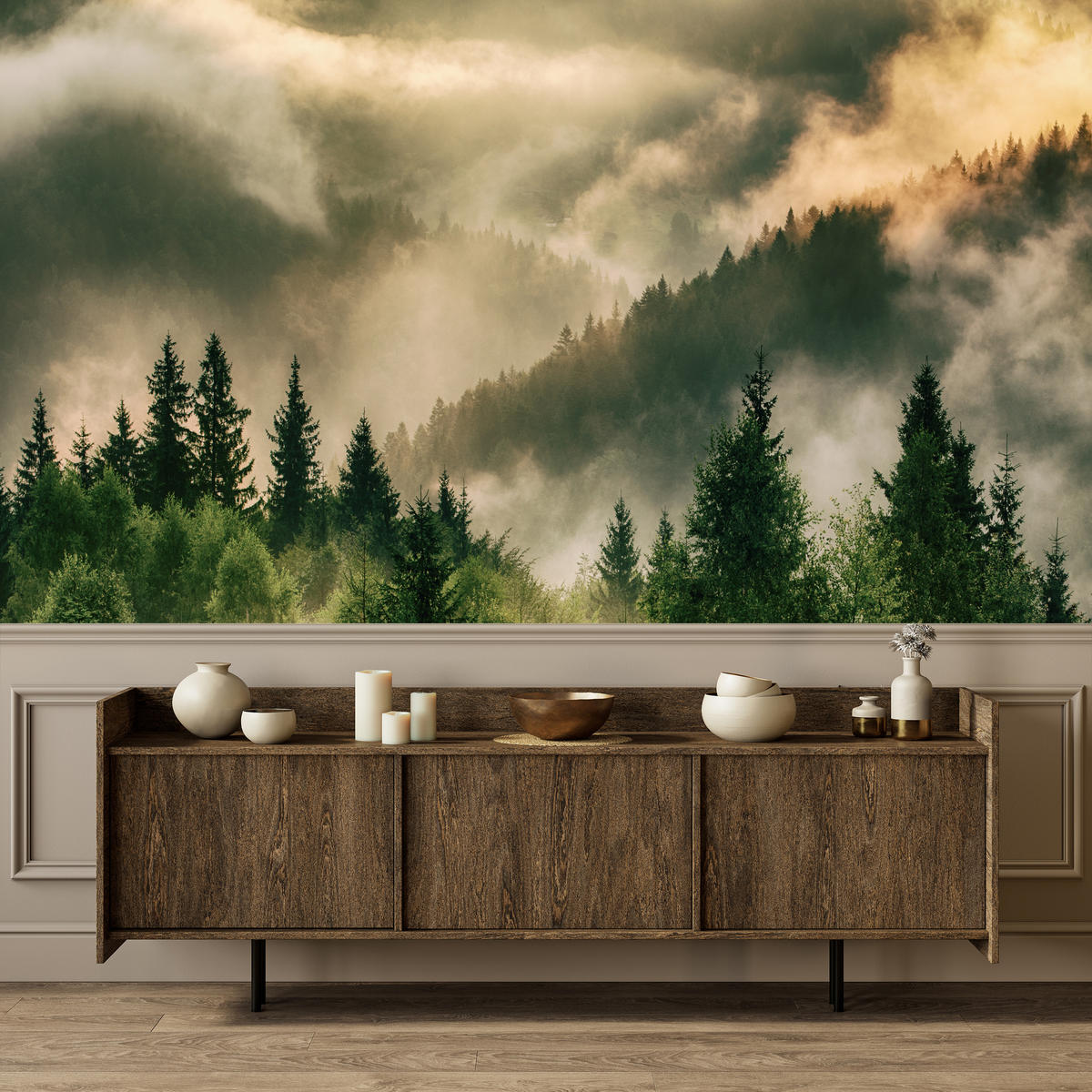 FOTOTAPETE für Wohnzimmer Neblige Landschaft Bergwald Nadelbäume 400x280 - Gelb/Orange, Papier (400/280cm) - Muralo